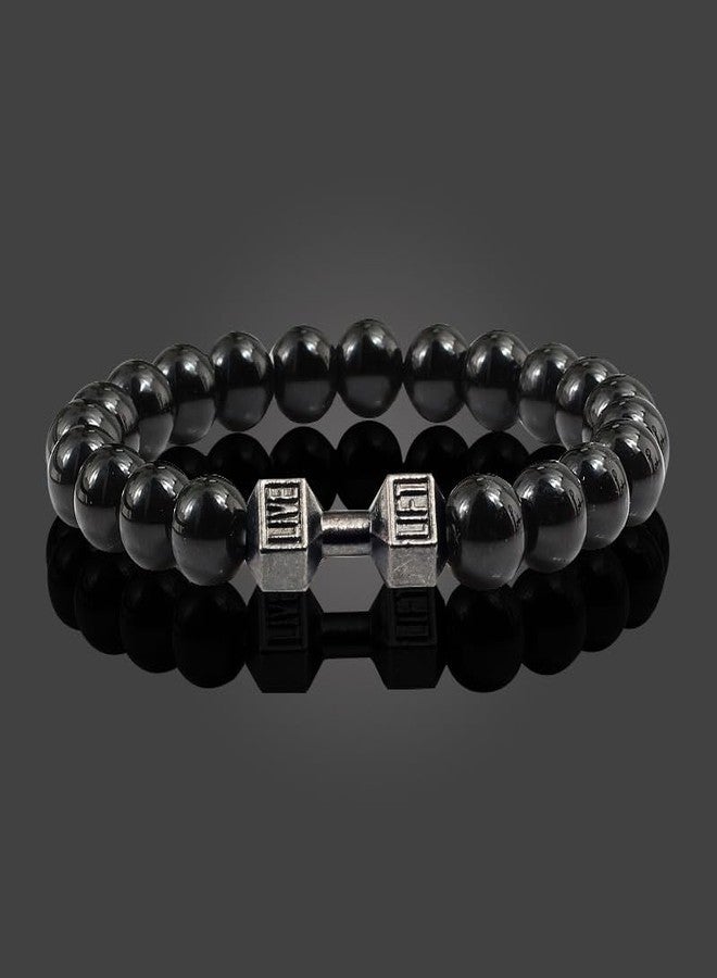 POYAMUSE Dumbbell Charm Beaded Bracelet - Lava Rock Stones Beads Strand Bracelet - Go to Gym Decoration Jewelry (1pcs light black) - Image 3